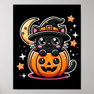 Süße Halloween-Schwarze Katze in Kürbis mit Hexenh Poster