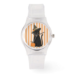 Süße Halloween-Schwarze Katze mit Hexenhut-Kürbis Armbanduhr