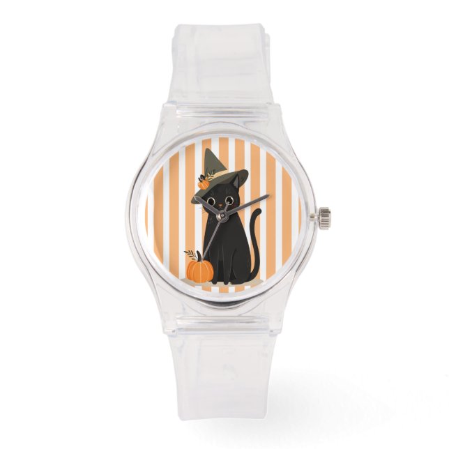 Süße Halloween-Schwarze Katze mit Hexenhut-Kürbis Armbanduhr (Vorderseite)