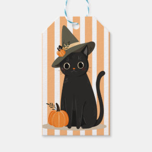 Süße Halloween-Schwarze Katze mit Hexenhut-Kürbis Geschenkanhänger