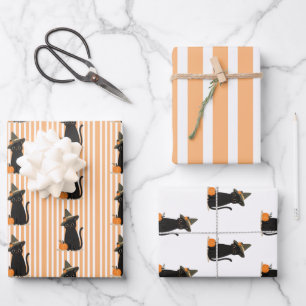 Süße Halloween-Schwarze Katze mit Hexenhut-Kürbis Geschenkpapier Set