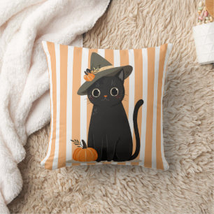 Süße Halloween-Schwarze Katze mit Hexenhut-Kürbis Kissen