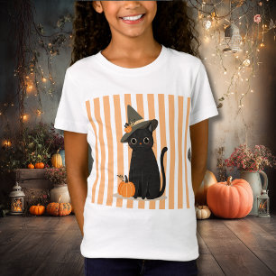 Süße Halloween-Schwarze Katze mit Hexenhut-Kürbis T-Shirt