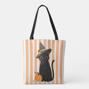 Süße Halloween-Schwarze Katze mit Hexenhut-Kürbis Tasche