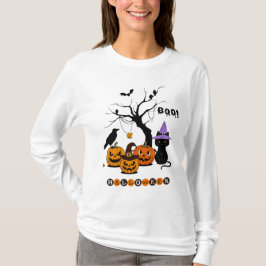 Süße Halloween-Schwarze Katze mit Kürbissen T-Shirt