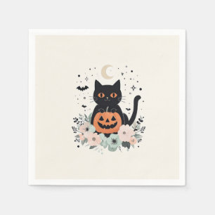 Süße Halloween-Schwarze Katze, Mond & Kürbis Serviette