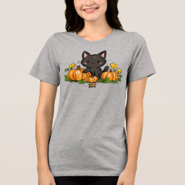 Süße Halloween-Schwarze Katze Orange Kürbisse Tri-Blend Shirt