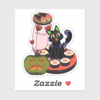 Süße Halloween-Schwarze Katze sitzt auf Sushi Aufkleber