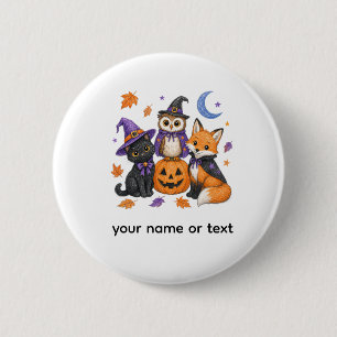 Süße Halloween-Tiere - Hexe schwarze Katze Eule Fu Button