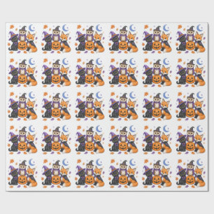 Süße Halloween-Tiere - Hexe schwarze Katze Eule Fu Geschenkpapier