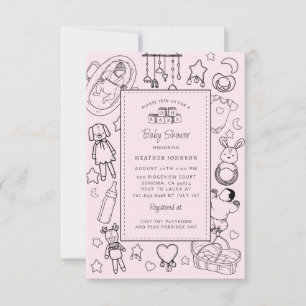 Süße handgezeichnete Babyparty Rosa Mädchen Einladung