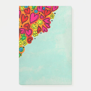 Süße handgezeichnete Gekritzel-Herzen und Blumen Post-it Klebezettel