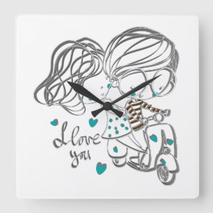 Süße handgezeichnete "Ich liebe dich" Digitalkunst Quadratische Wanduhr
