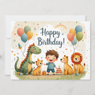 Süße Happy-Birthday-Karte mit Tieren und Jungen