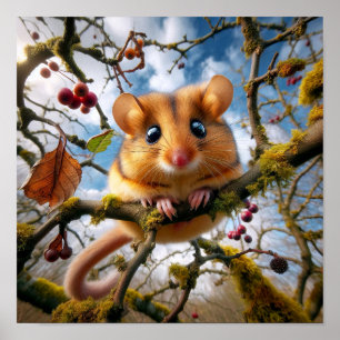 Süße Haselmaus in einem Waldbaum Poster