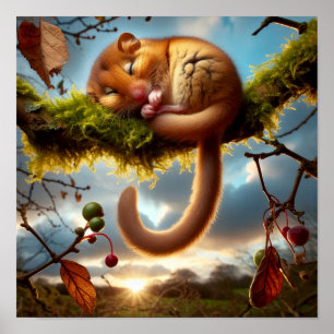 Süße Haselmaus in einem Waldbaum Poster