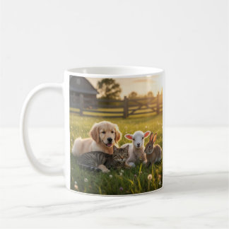 Süße Haustiergruppe, Golden Retriever und Katze. Kaffeetasse