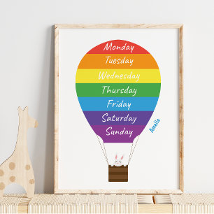 Süße Heißluftballon-Tage der Woche Regenbogen Poster