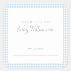 Süße hellblaue Gingham-Baby-Shower-Exlibris Quadratischer Aufkleber