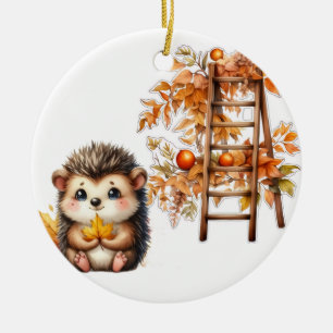 Süße Herbst-Igel mit Ernteleiter-Illustration Keramik Ornament