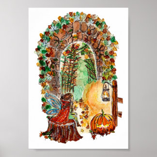 Süße Herbstfee Halloween Aquarell Poster