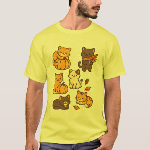 Süße Herbstkatzen mit Kürbissen und Blättern falle T-Shirt
