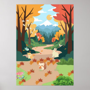 Süße Herbstwaldtiere Kuschelige Landschaftskunst P Poster