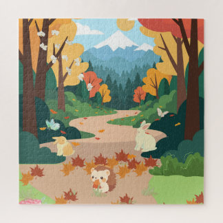 Süße Herbstwaldtiere Kuschelige Landschaftskunst P Puzzle