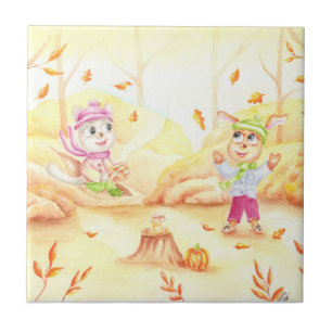 Süße Herbstwanderung im Wald Fliese