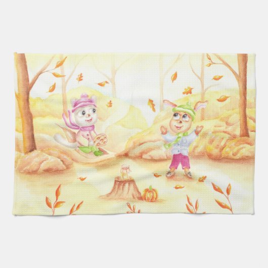 Süße Herbstwanderung im Wald Geschirrtuch (Horizontal)