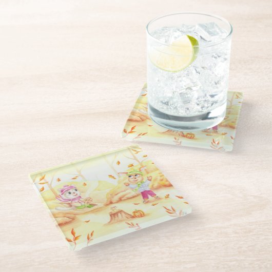 Süße Herbstwanderung im Wald Glasuntersetzer (Schrägansicht)