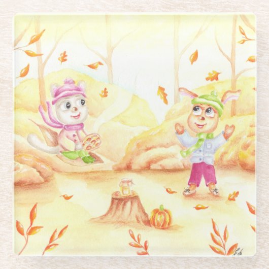 Süße Herbstwanderung im Wald Glasuntersetzer (Vorderseite)