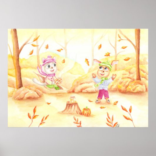 Süße Herbstwanderung im Wald Poster (Vorne)