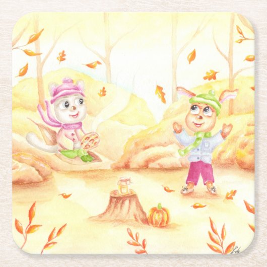 Süße Herbstwanderung im Wald Rechteckiger Pappuntersetzer (Vorderseite)