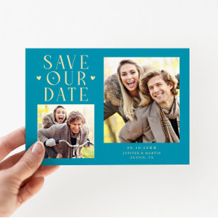 Süße Herzen 2-Foto Aqua Blau Hochzeit Save The Date