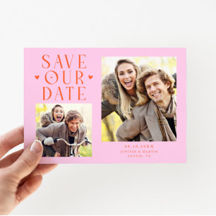 Süße Herzen 2-Foto Orange-Pink-Hochzeit Save The Date