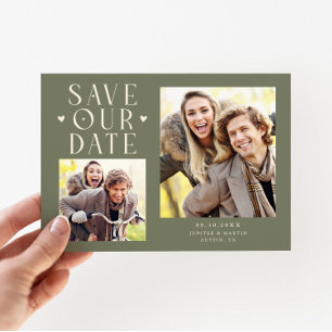 Süße Herzen 2-Foto Salbeigrüne Hochzeit Save The Date