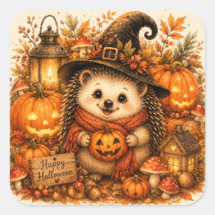 Süße Hexe Igel Frohes Halloween Kürbisse Quadratischer Aufkleber