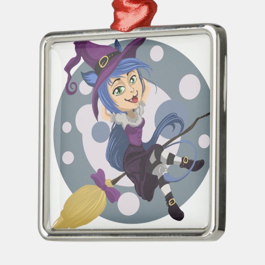 Süsse Hexe mit Besen Halloween Silbernes Ornament (Links)