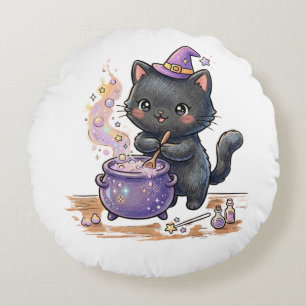 Süße Hexe schwarze Katze braut magischen Trank Hal Rundes Kissen
