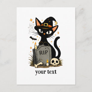 Süße Hexe schwarze Katze Friedhof Halloween Postkarte