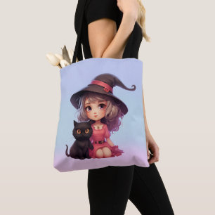 Süße Hexe und schwarze Katze Pink und Blau Hallowe Tasche