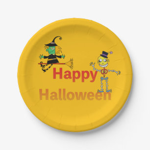 Süße Hexe und Skelett Halloween-Spaß Pappteller