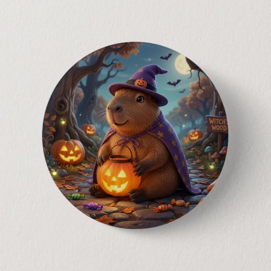 Süße Hexen Capybara Halloween Wälder Button Pin (Vorderseite)