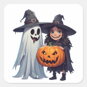 Süße Hexen-Geister-Kürbis-Halloween 🎃 Quadratischer Aufkleber