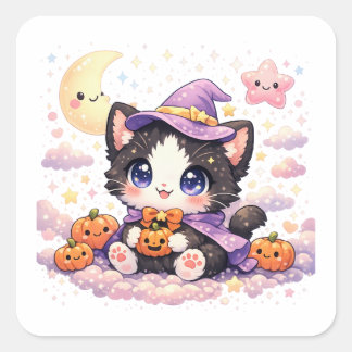 Süße Hexen-Wolken-Kitty Quadratischer Aufkleber