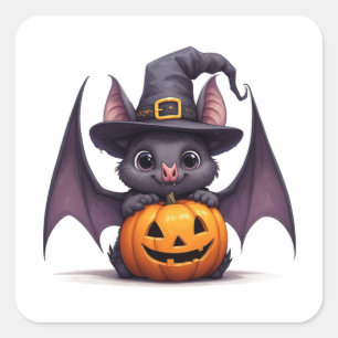 Süße Hexenfledermaus und Kürbis Halloween-Spaß 👻 Quadratischer Aufkleber