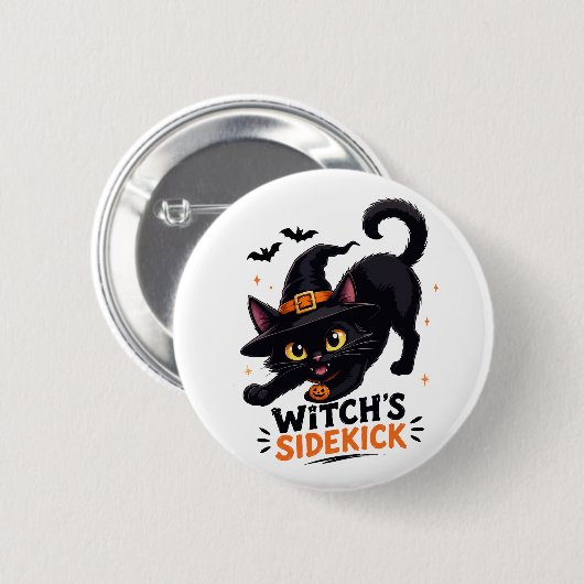 Süße Hexenhelferin schwarze Katze Halloween Button (Vorne & Hinten)