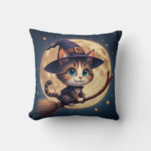 Süße Hexenkatze unter Sternen und Vollmond 🎃 Kissen