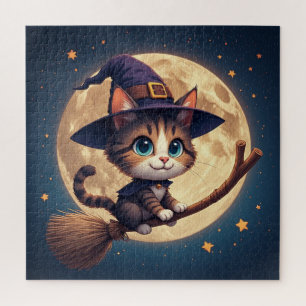 Süße Hexenkatze unter Sternen und Vollmond 🎃 Puzzle